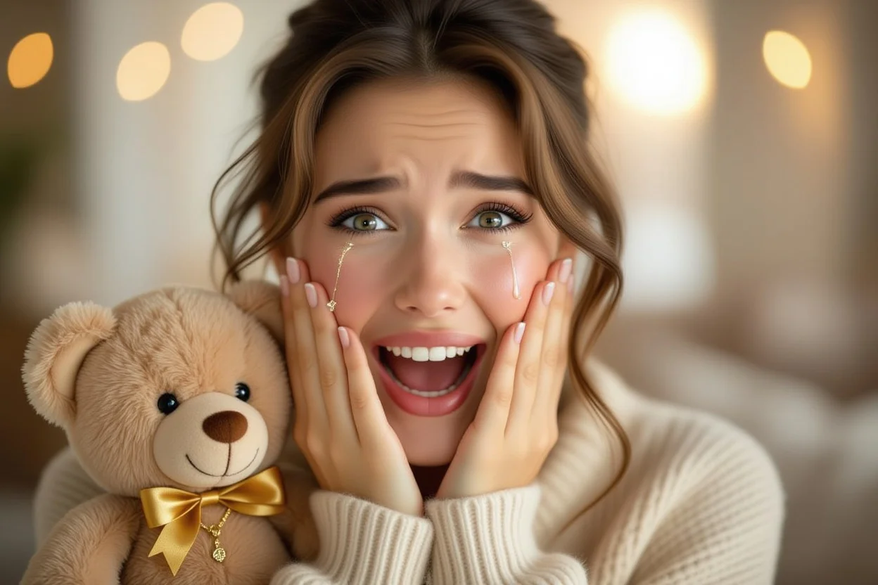 Woman crying tears of joy receiving surprise romantic teddy bear gift with hidden necklace