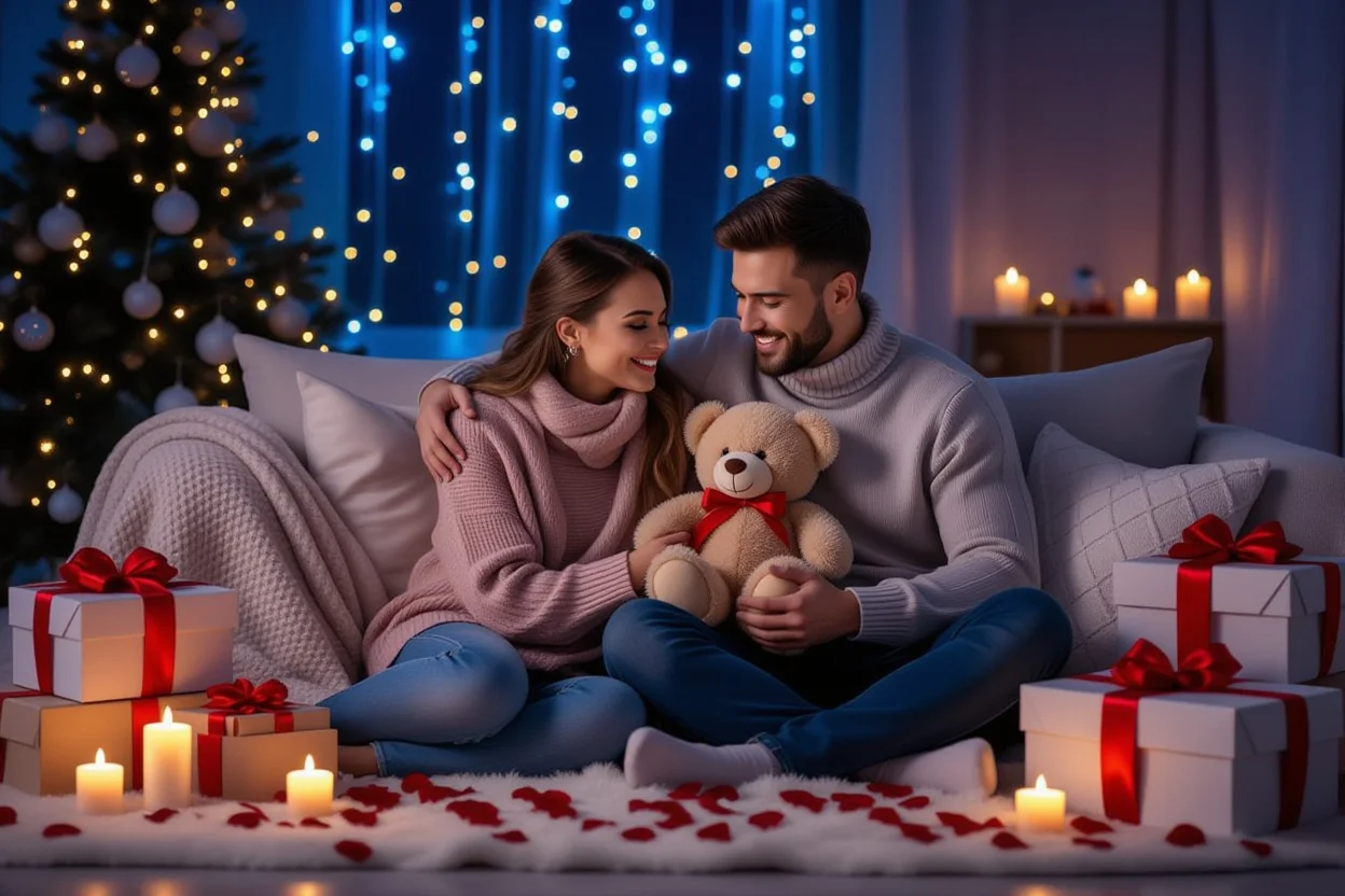 Romantic couple gift giving moment with teddy bear surprise on special occasion