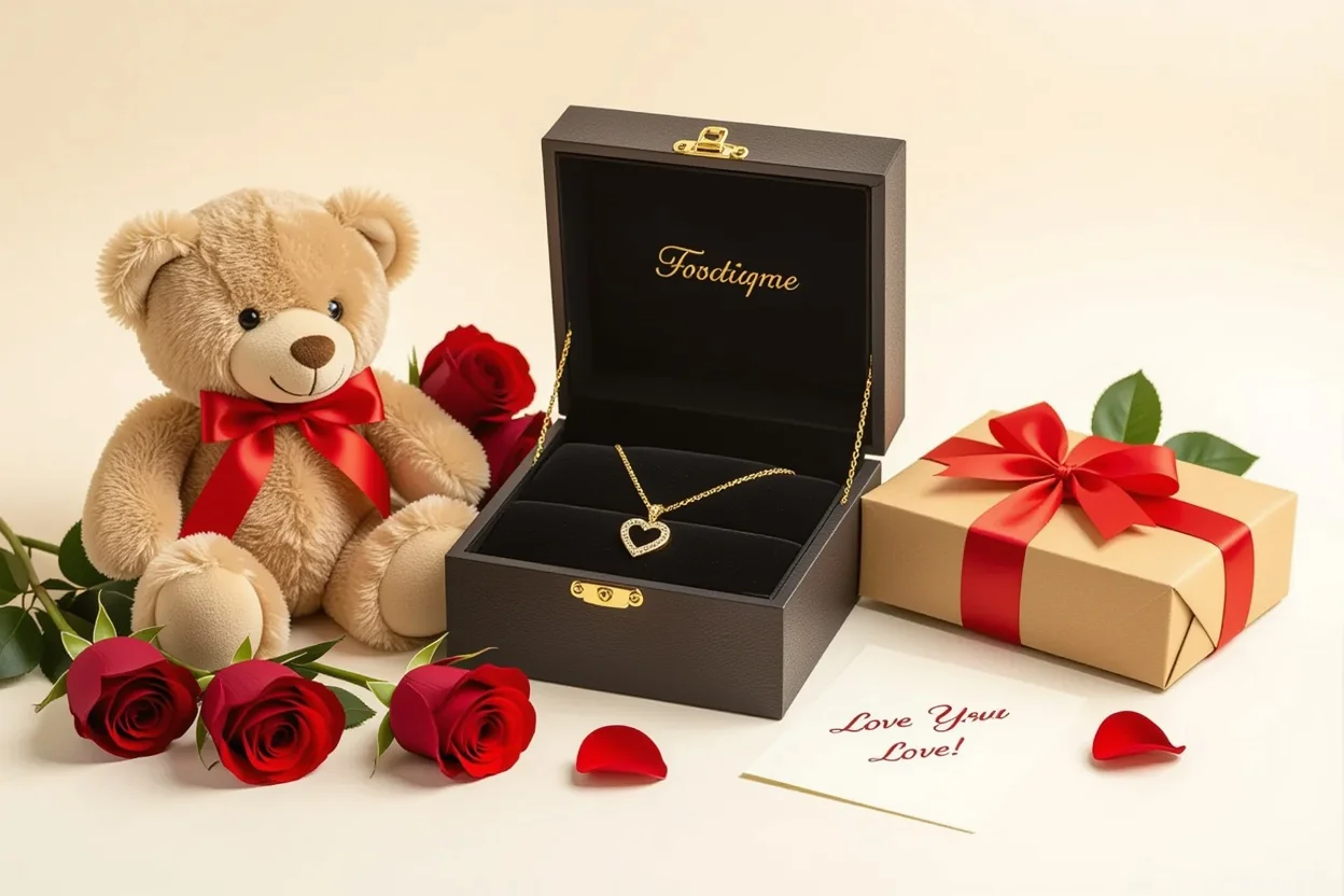 Complete romantic gift set showing teddy bear with secret necklace compartment and accessories