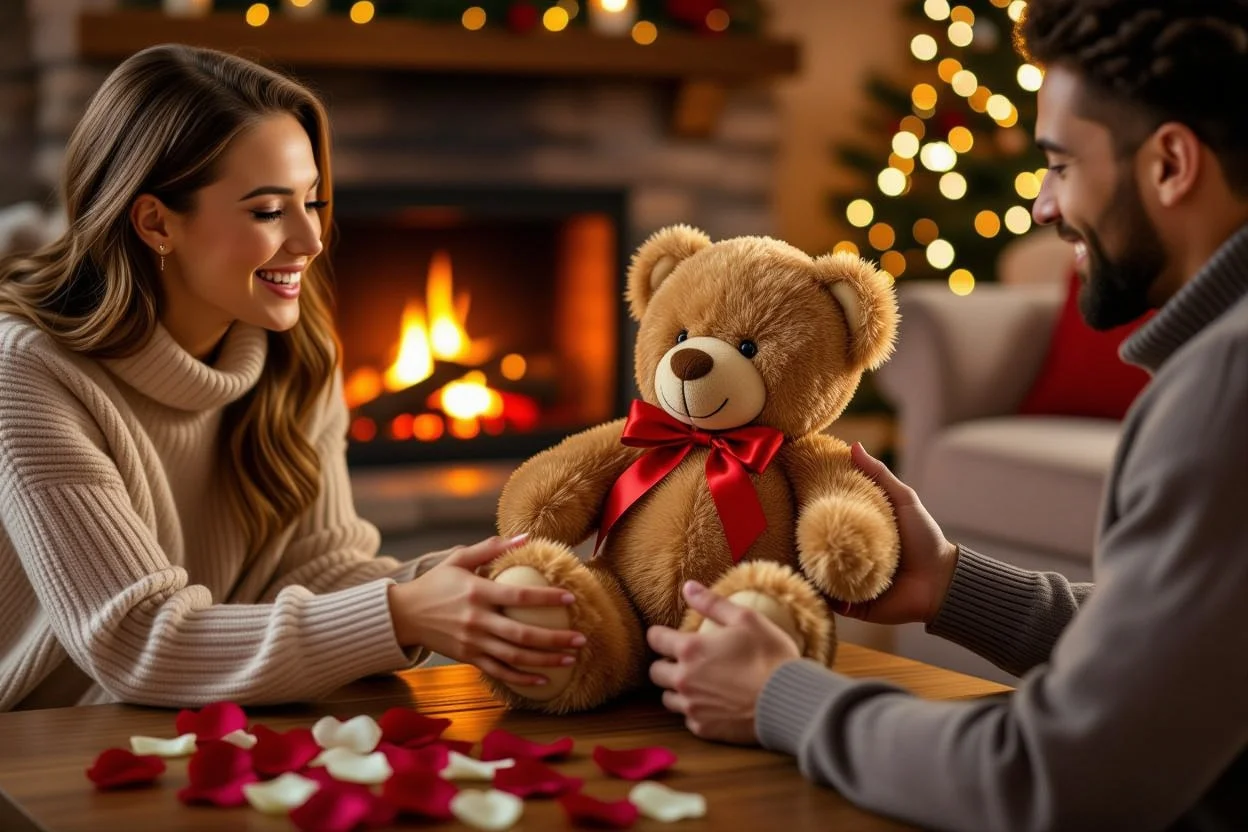 Romantic gift exchange teddy bear surprise moment between couple