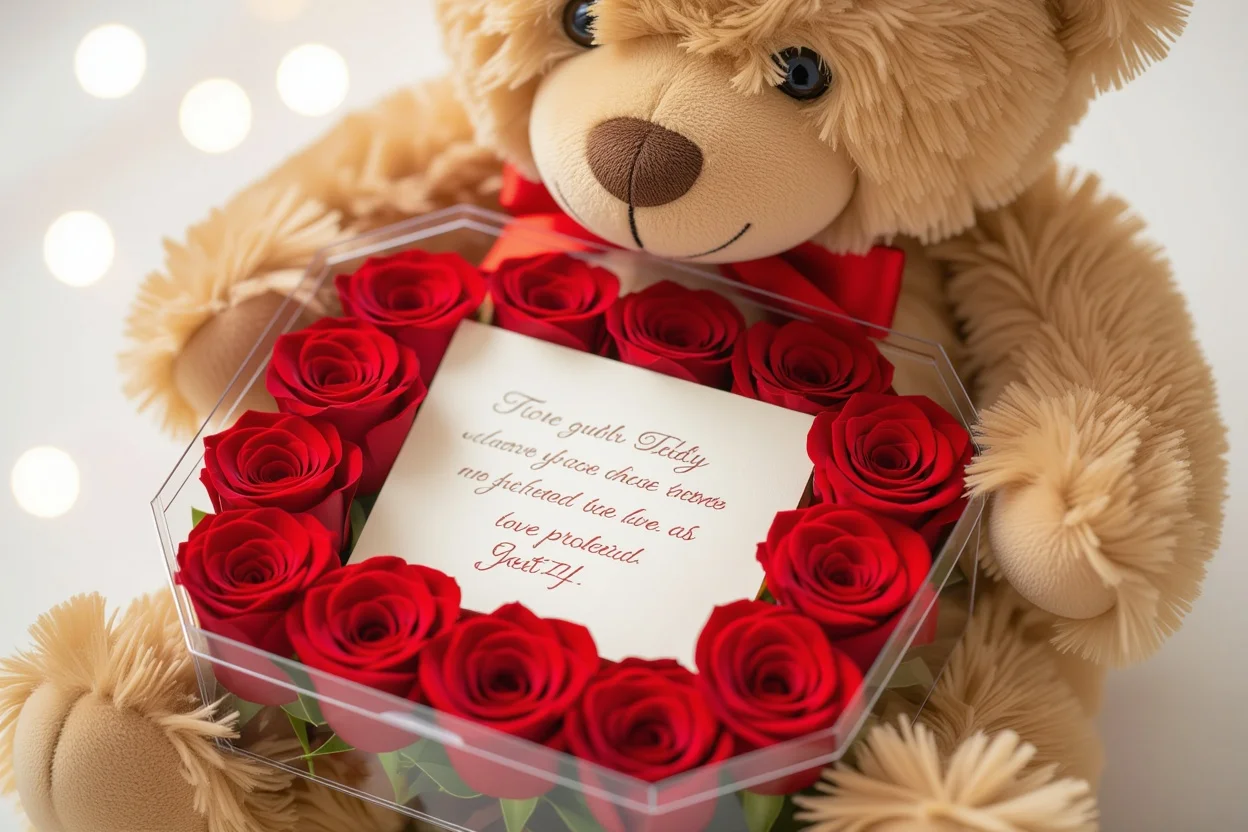 Teddy bear with preserved roses and love letter hidden surprise