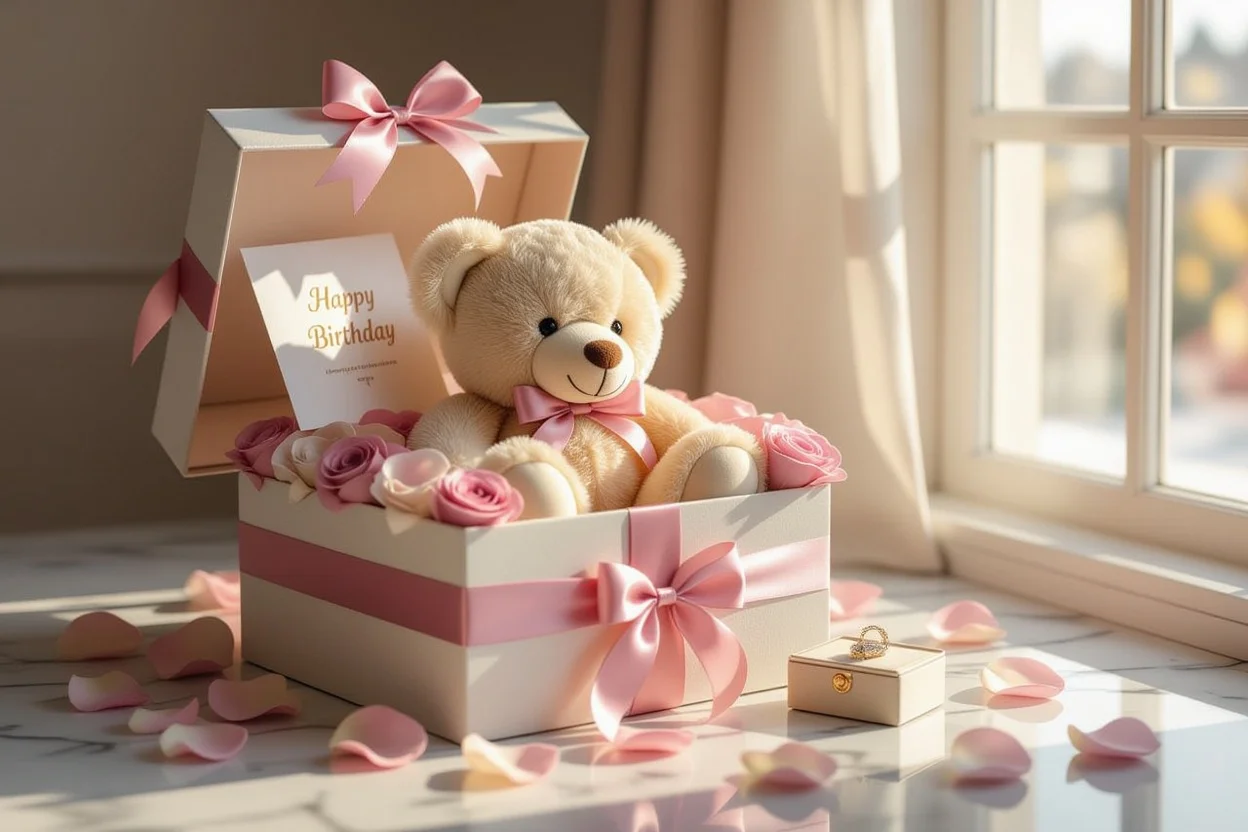 Luxury teddy bear romantic birthday gift presentation with hidden jewelry