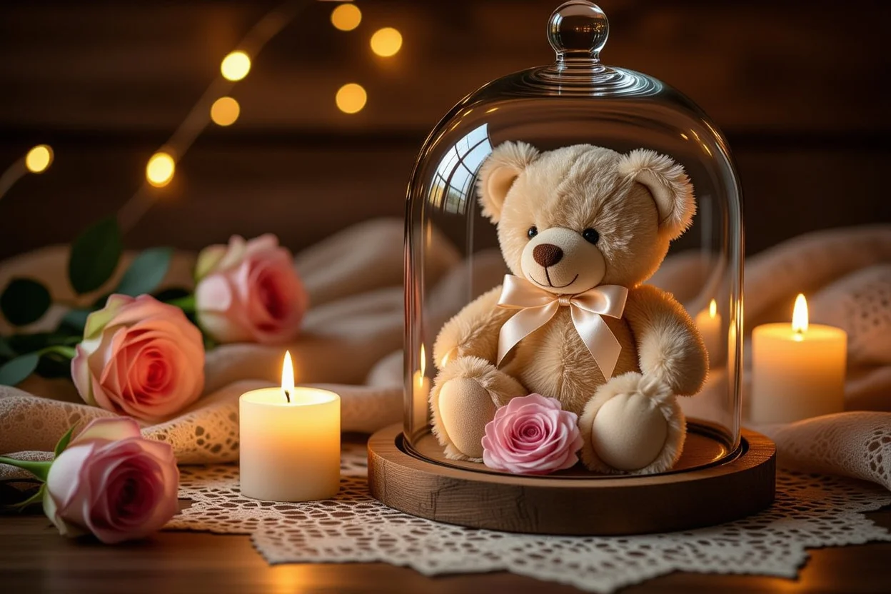 Meaningful teddy bear gift with preserved roses and romantic lighting for lasting love
