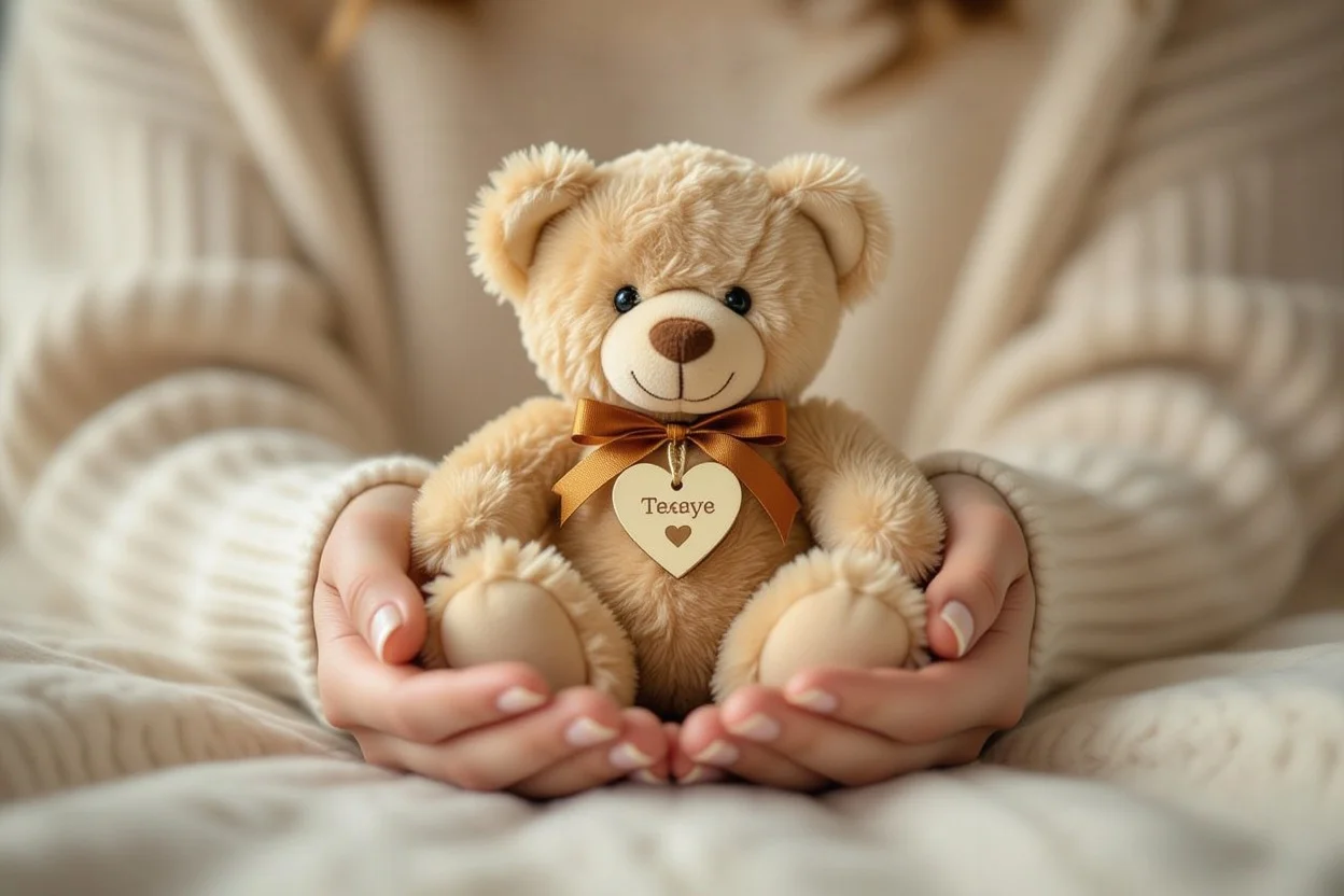 Hands giving personalized teddy bear gift showing meaningful romantic gesture
