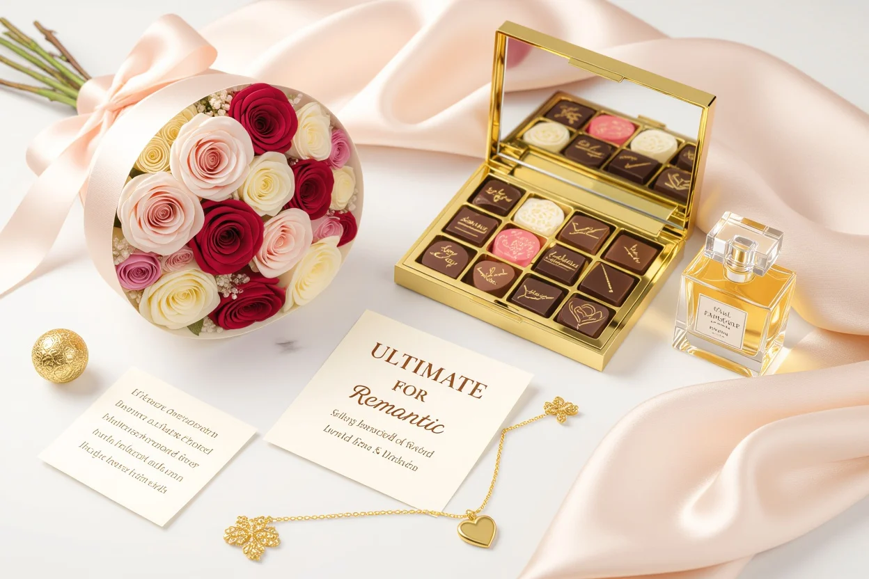 Collection of romantic gifts for her including preserved flowers, jewelry, and luxury items