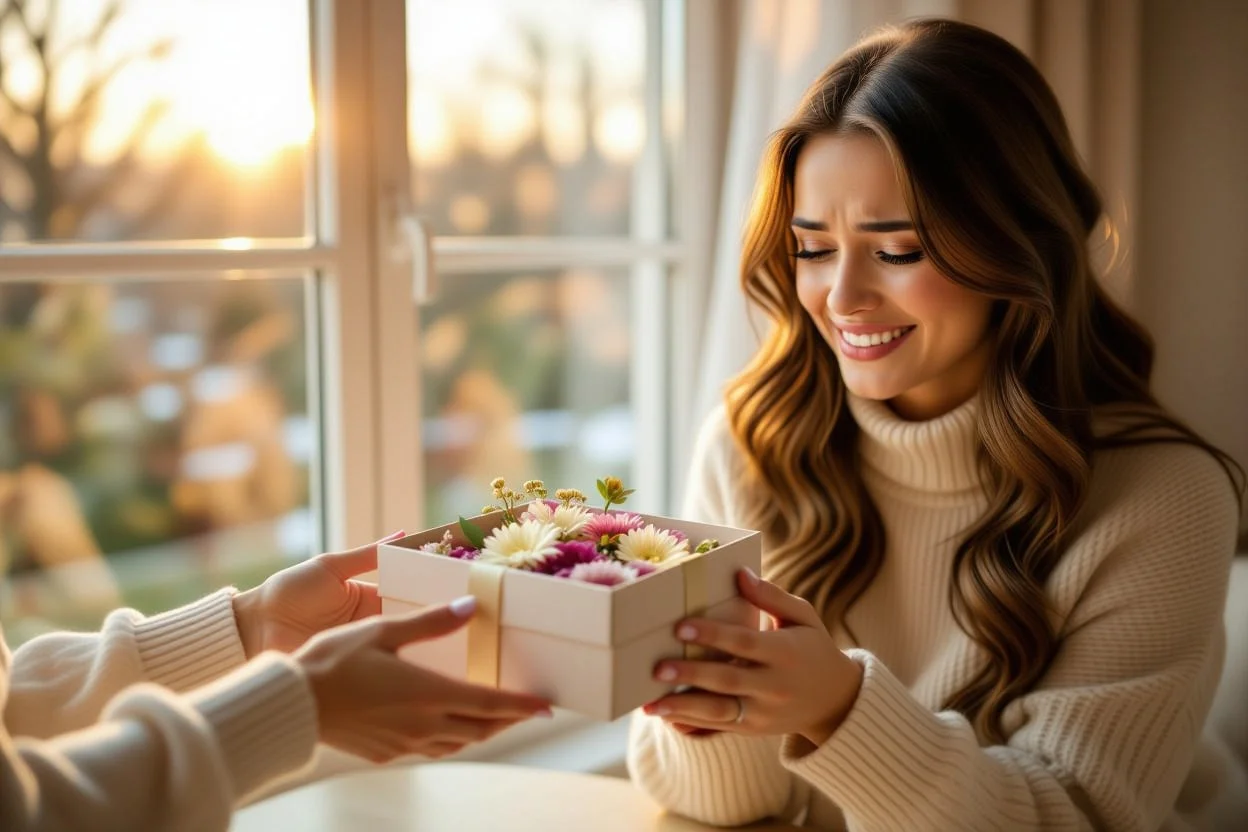 Emotional moment of giving romantic apology gift with preserved flowers surprise