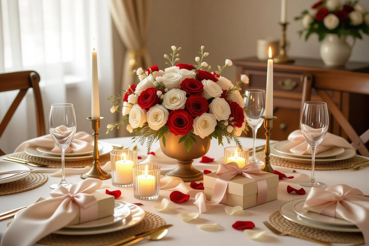 Romantic dinner setup with preserved flowers and gifts for special occasion apology