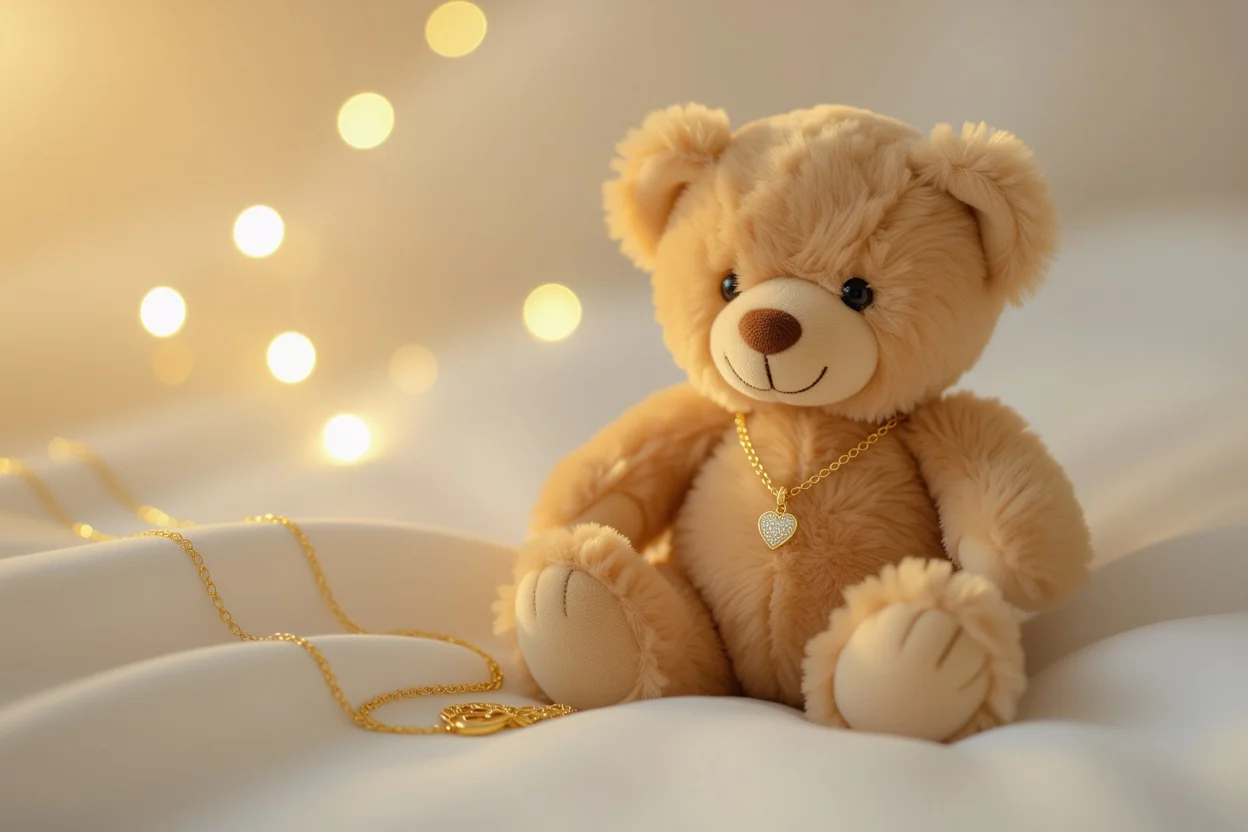 Surprise teddy bear gift with hidden 18k gold necklace for romantic occasions