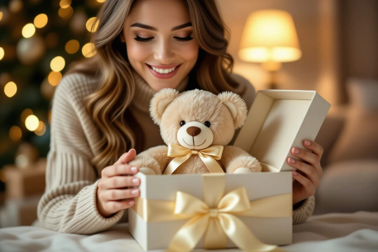 Woman opening surprise gift box containing romantic teddy bear with hidden jewelry