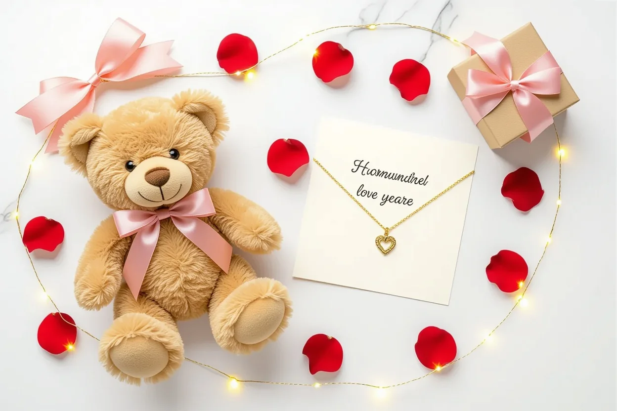 Romantic gift arrangement with teddy bear, gold necklace, and rose petals for surprise gifts