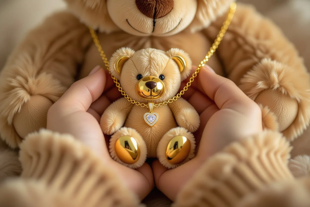 Close-up of 18k gold necklace hidden inside surprise teddy bear gift for her