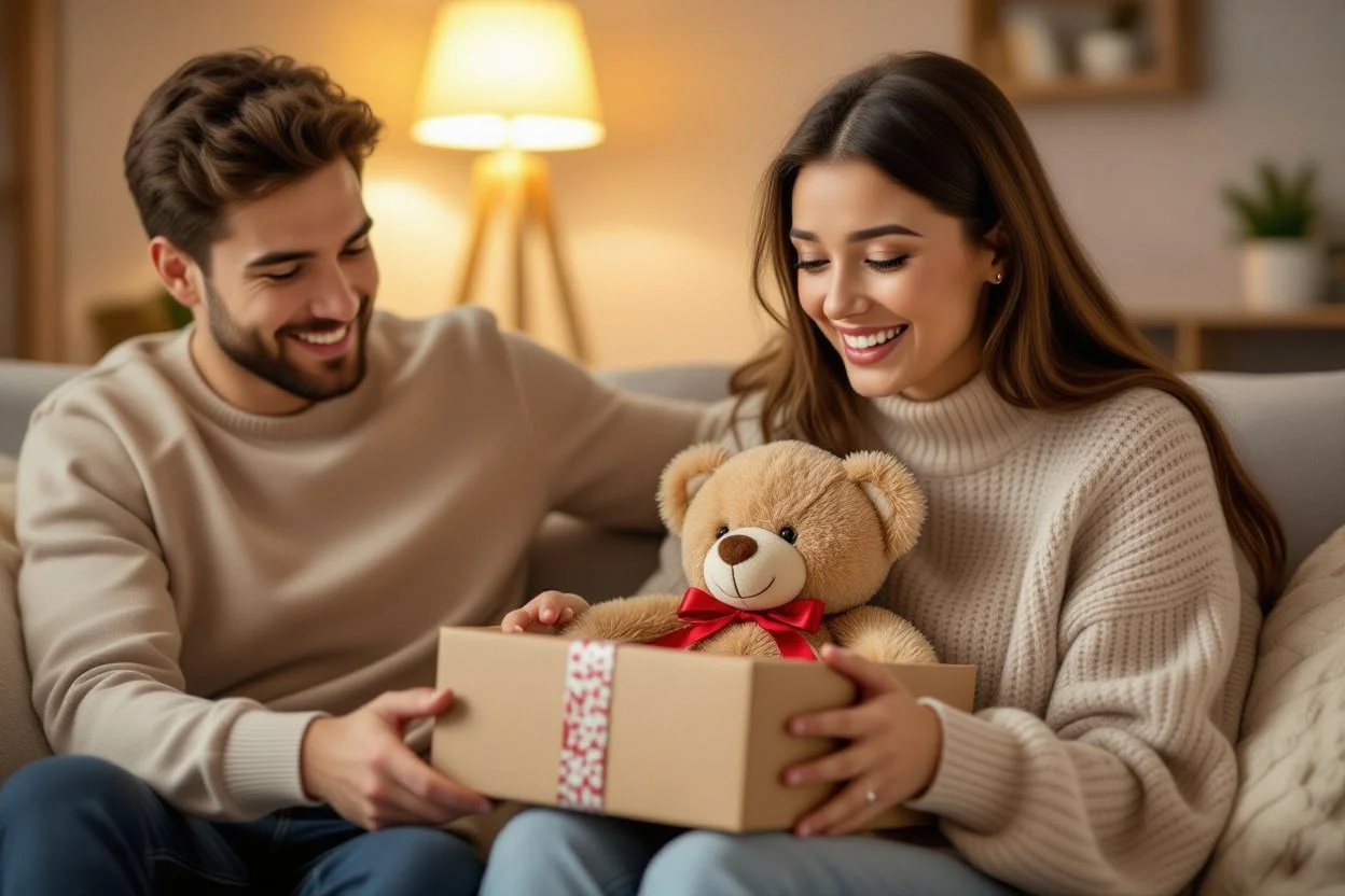 Couple sharing emotional gift-giving moment with romantic teddy bear surprise in cozy apartment