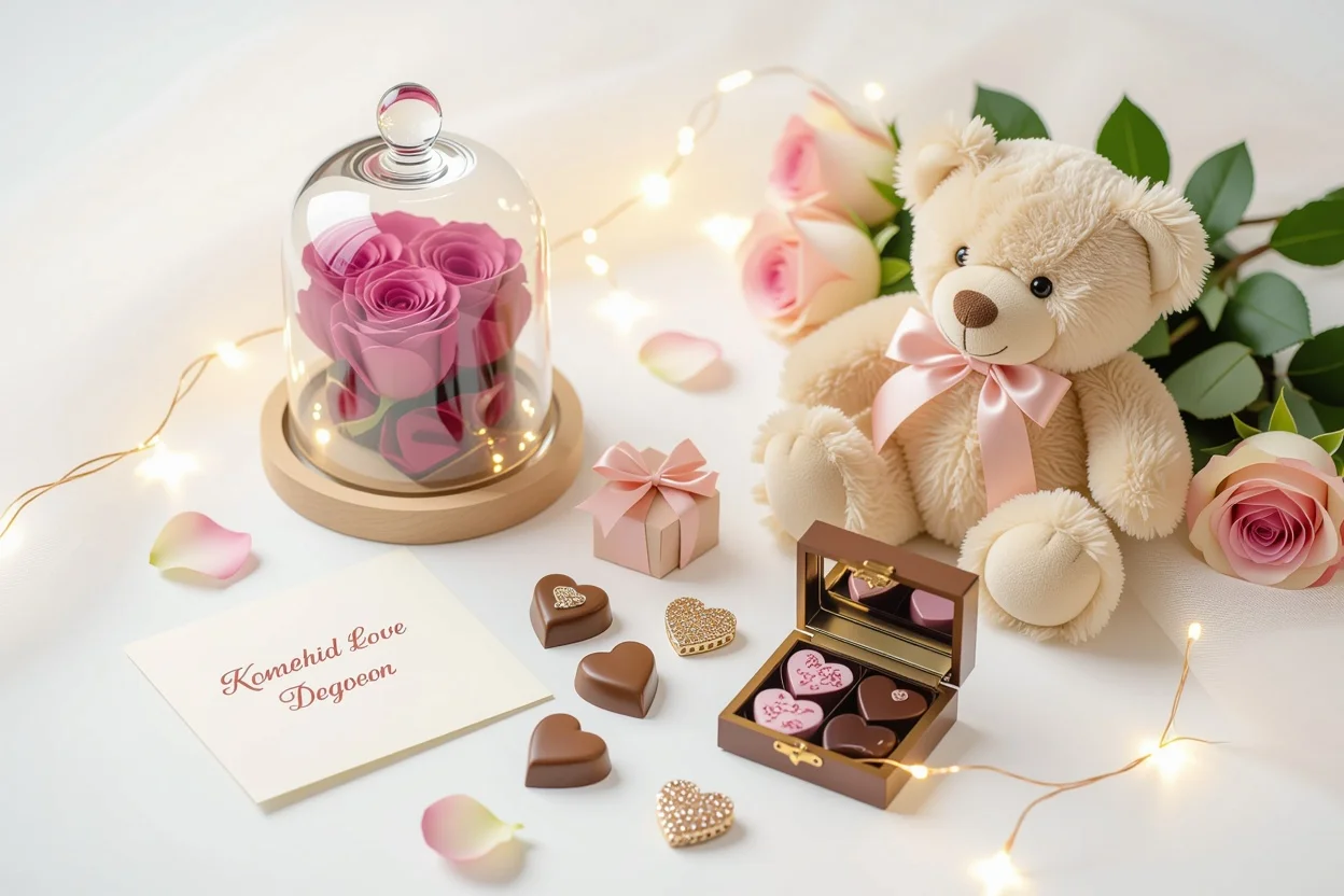 Romantic gift guide flat lay featuring preserved roses, luxury teddy bear, and Valentine's Day gifts for her