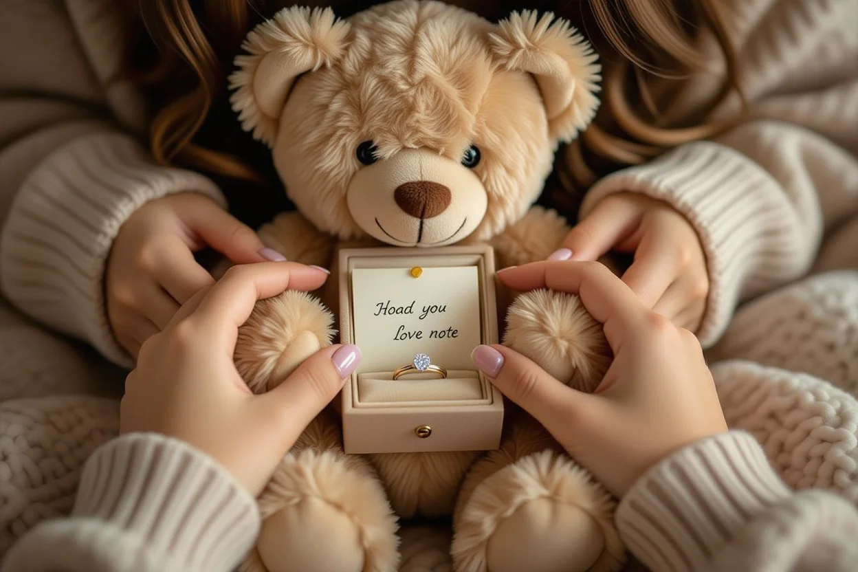 Close-up of teddy bear secret compartment revealing love note and engagement ring - romantic surprise gift