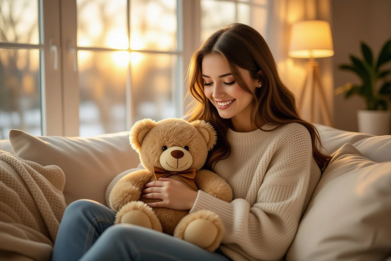Woman receiving Mountova Pro Teddy Bear as romantic surprise gift with joyful expression