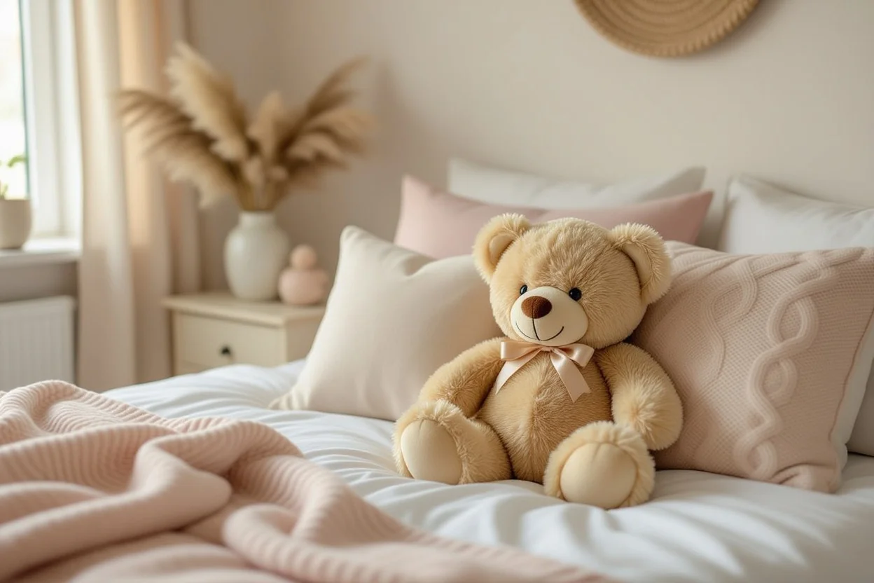 Mountova Pro Teddy Bear displayed in romantic bedroom setting as part of daily life decor