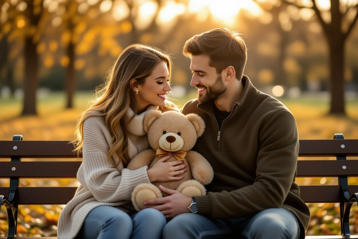 Romantic couple sharing special moment with Mountova Pro Teddy Bear gift in outdoor setting