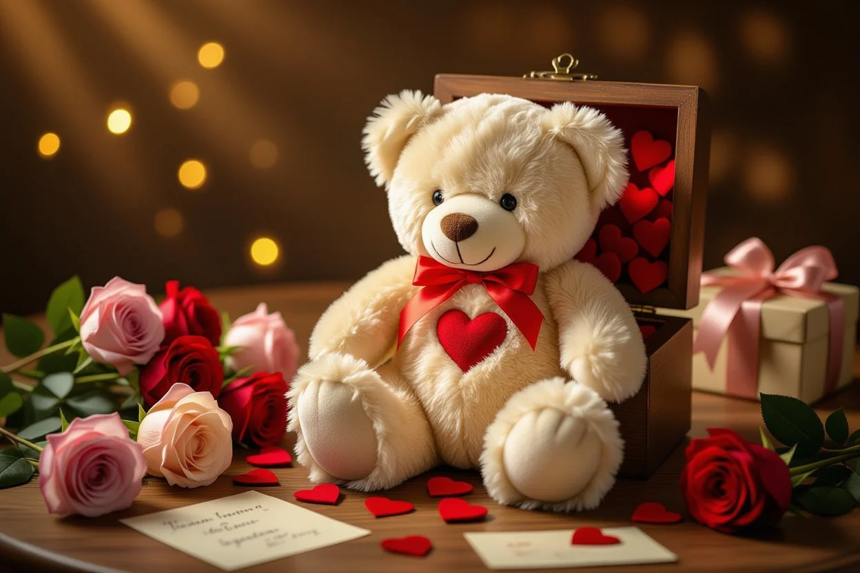 Romantic teddy bear gift with hidden hearts and preserved flowers for girlfriend