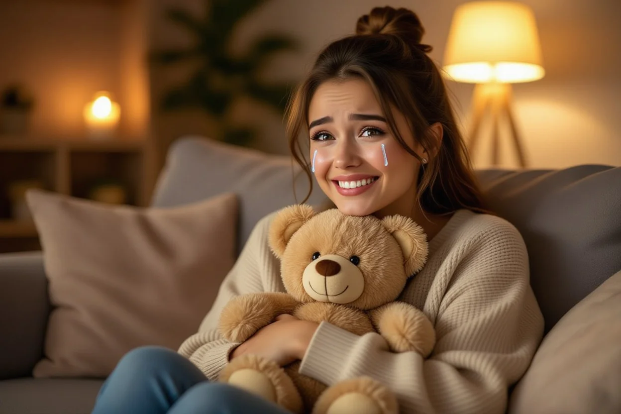 Woman crying tears of joy while receiving romantic teddy bear surprise gift