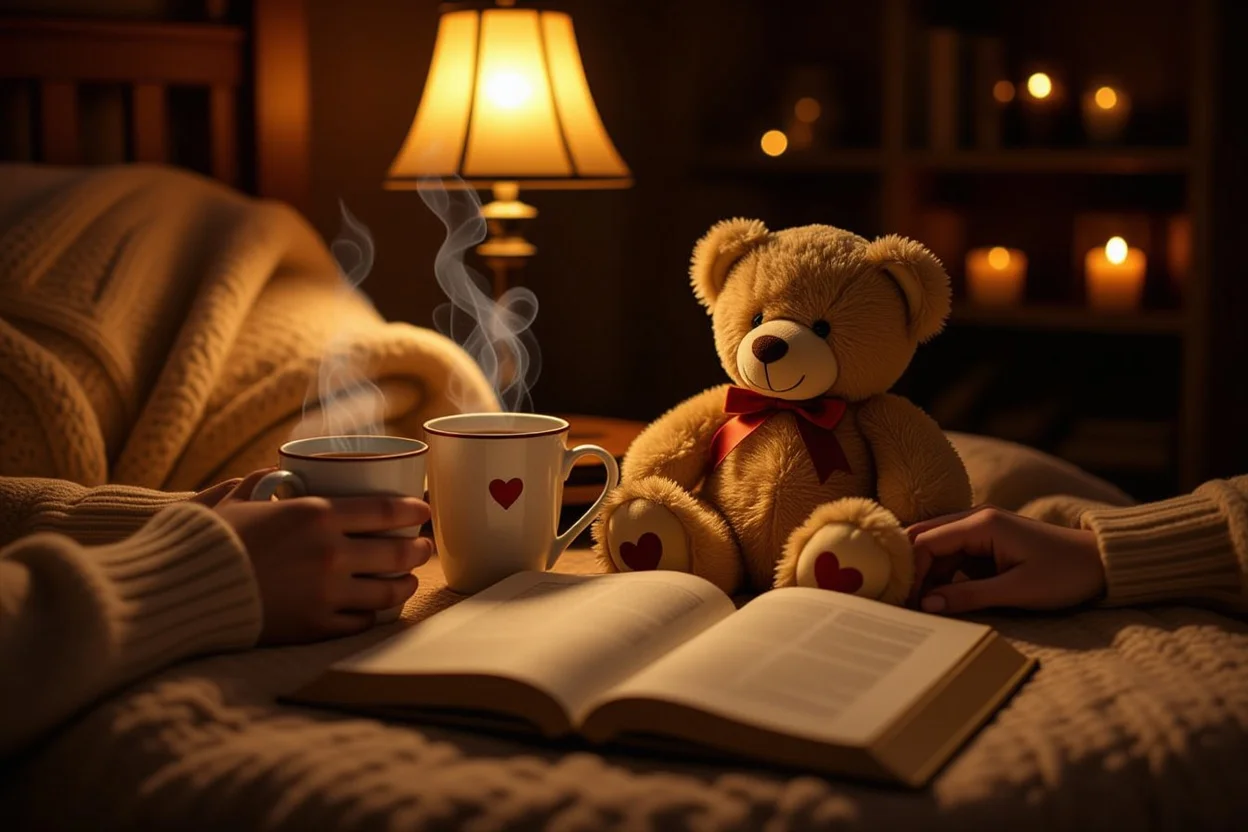 Romantic evening scene with couple and teddy bear gift in cozy home setting