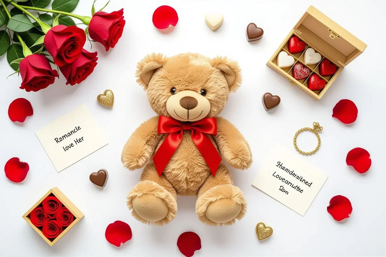 Romantic gifts for her flat lay featuring teddy bear and preserved flowers gift guide