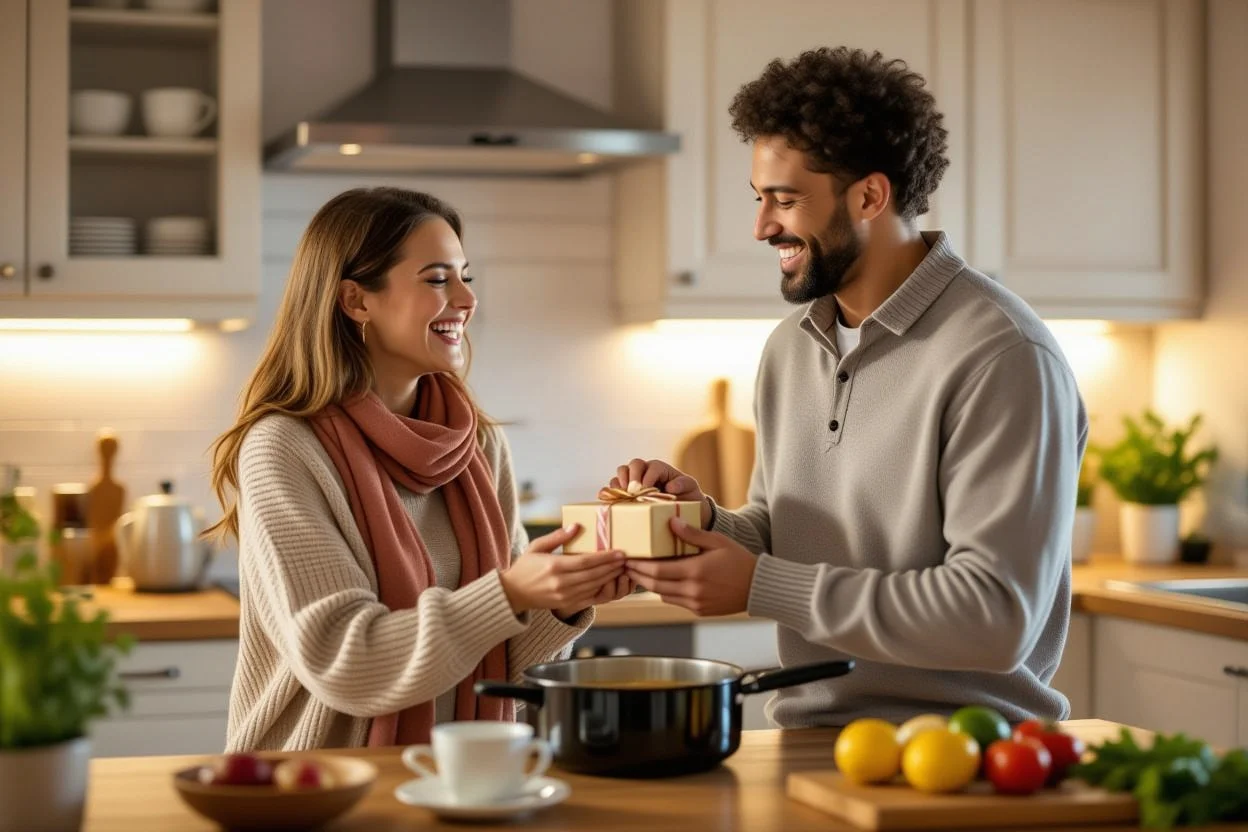 Couple sharing spontaneous gift moment in kitchen - everyday romantic surprise gifts