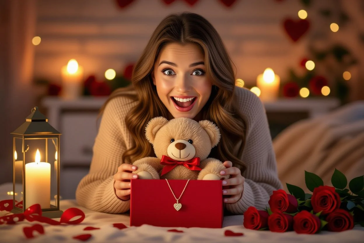Woman discovering hidden necklace surprise in romantic teddy bear gift on Valentine's Day