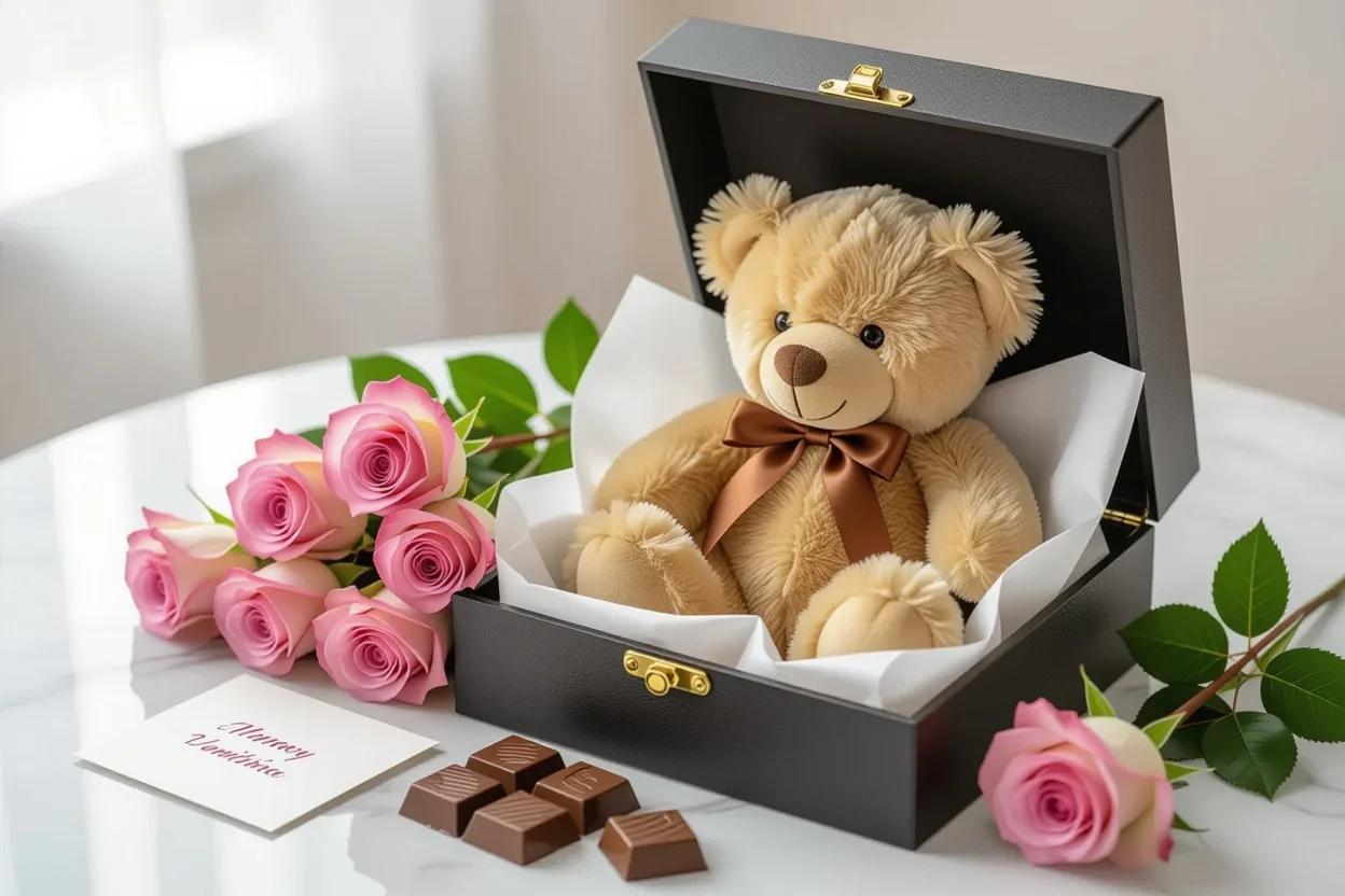 Luxury romantic gift set with teddy bear and hidden jewelry for anniversary gifts