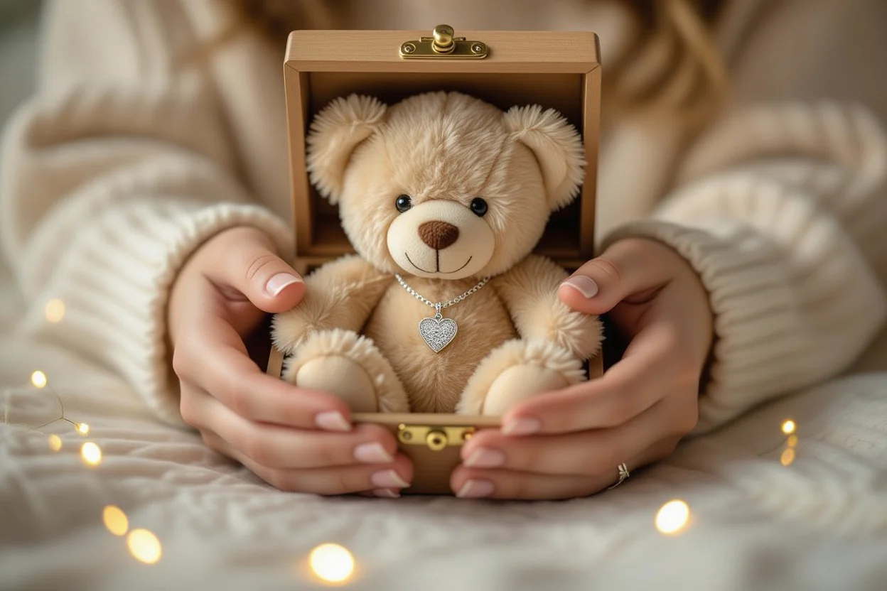 Close-up of hidden necklace compartment in romantic teddy bear showing surprise jewelry gift mechanism