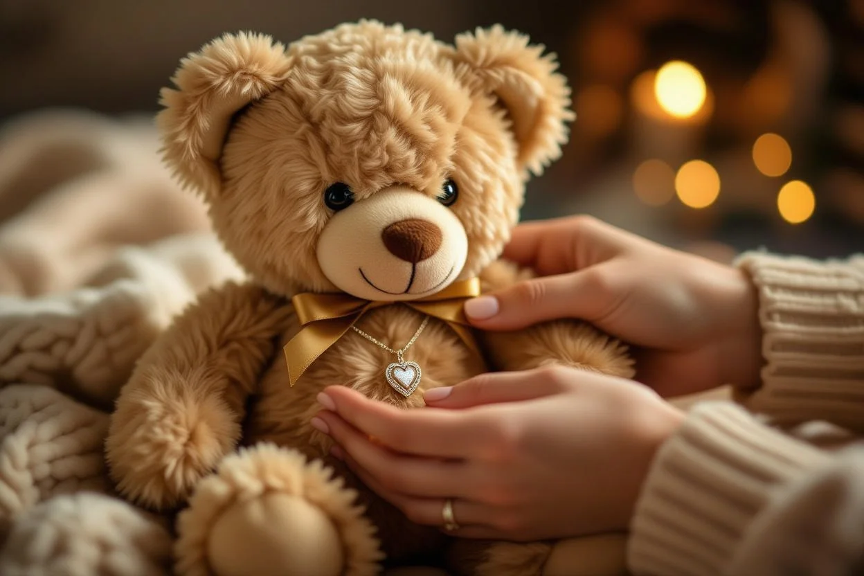 Woman discovering hidden necklace in surprise teddy bear gift romantic moment