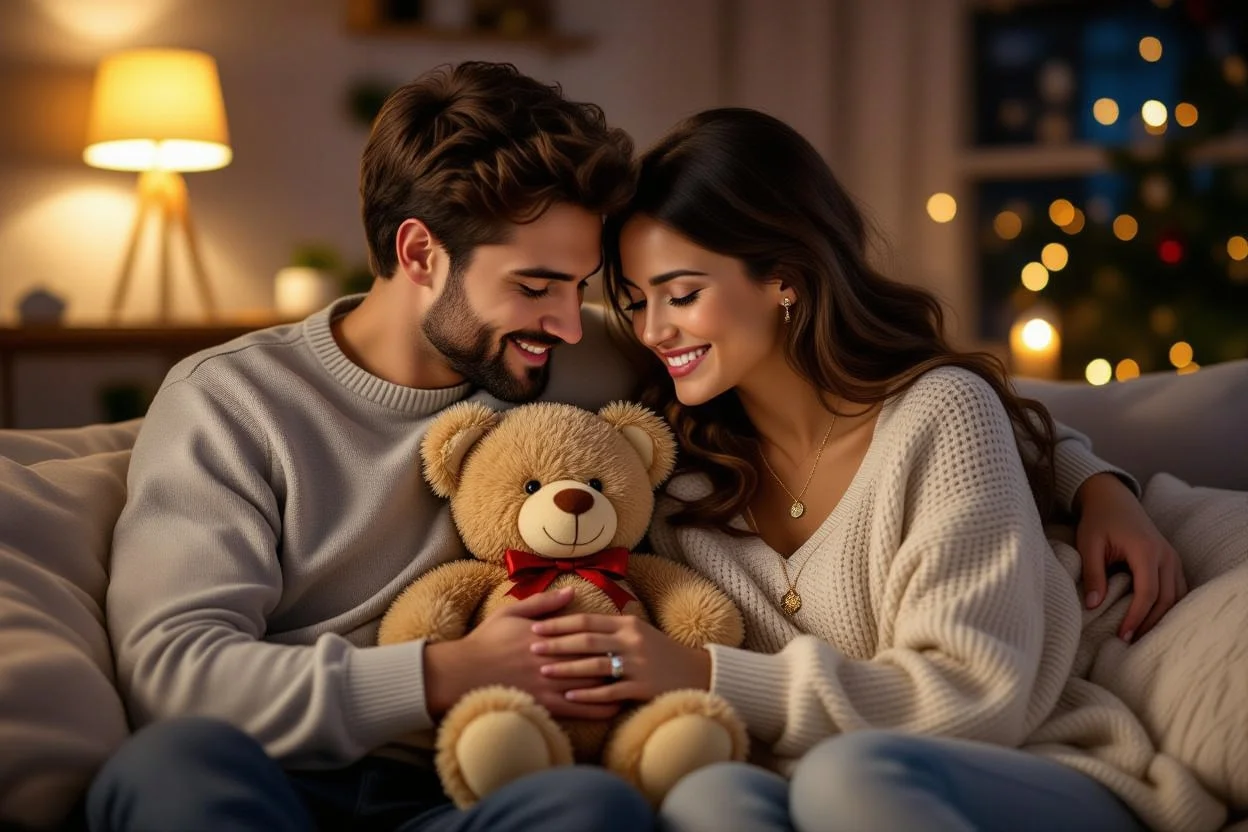 Couple enjoying everyday romance with surprise teddy bear and necklace gift
