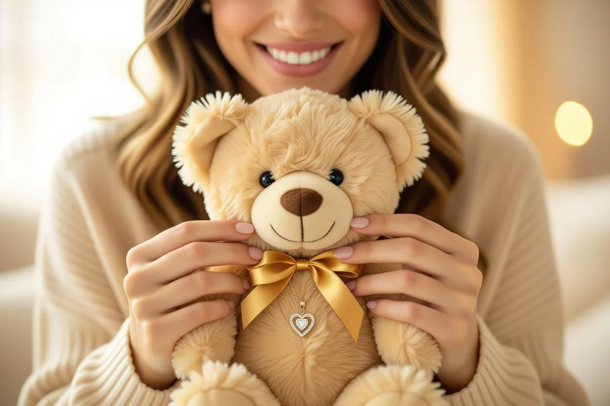 Woman discovering hidden necklace surprise in romantic teddy bear gift, emotional gift reveal moment