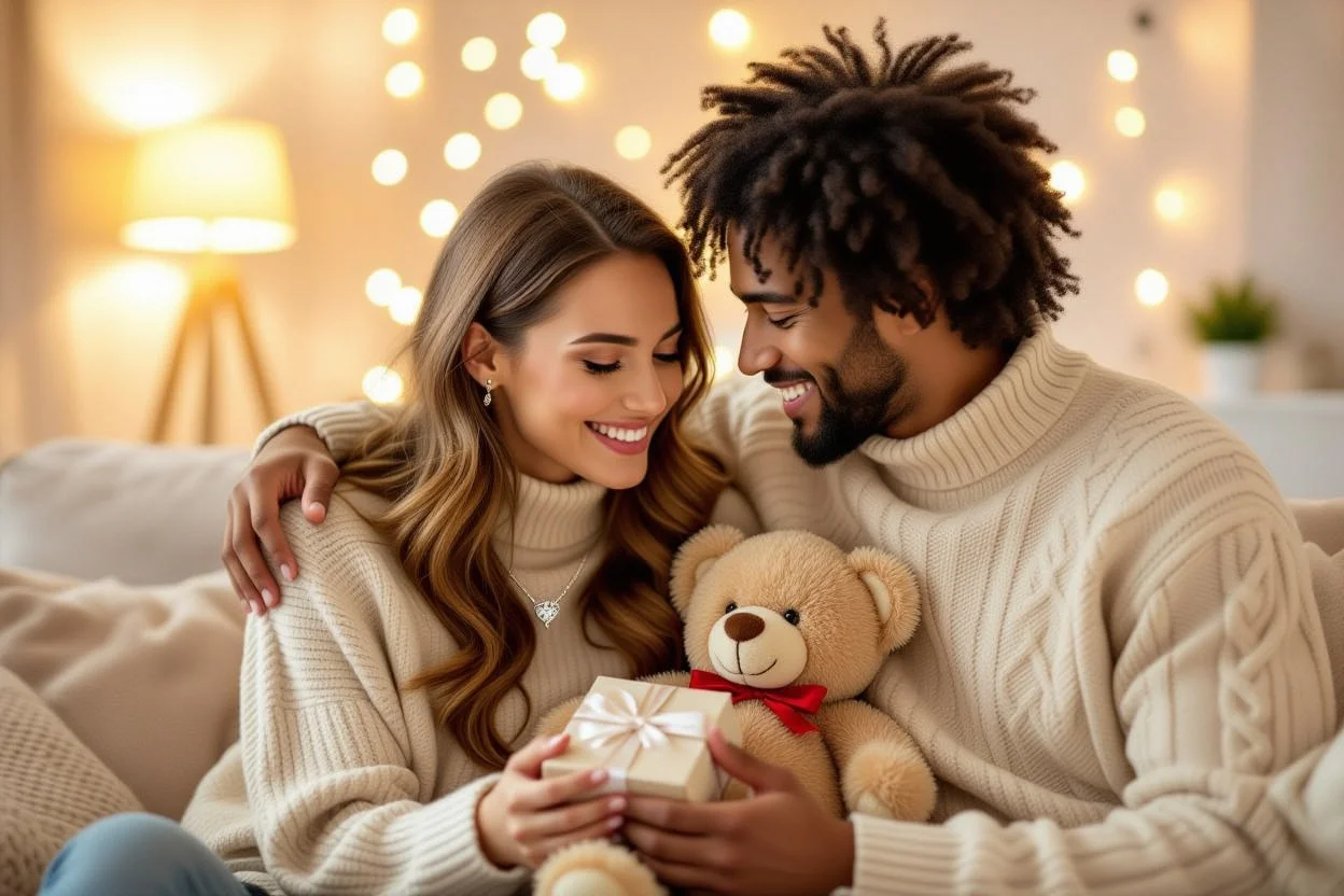 Happy couple enjoying romantic moment with surprise necklace and teddy bear gift, relationship goals