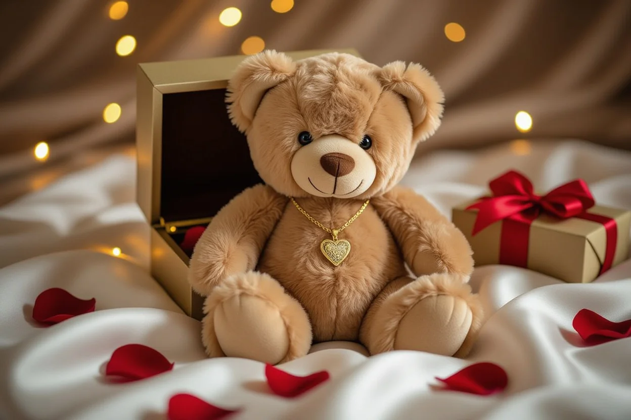 Romantic teddy bear gift with hidden necklace surprise for girlfriend