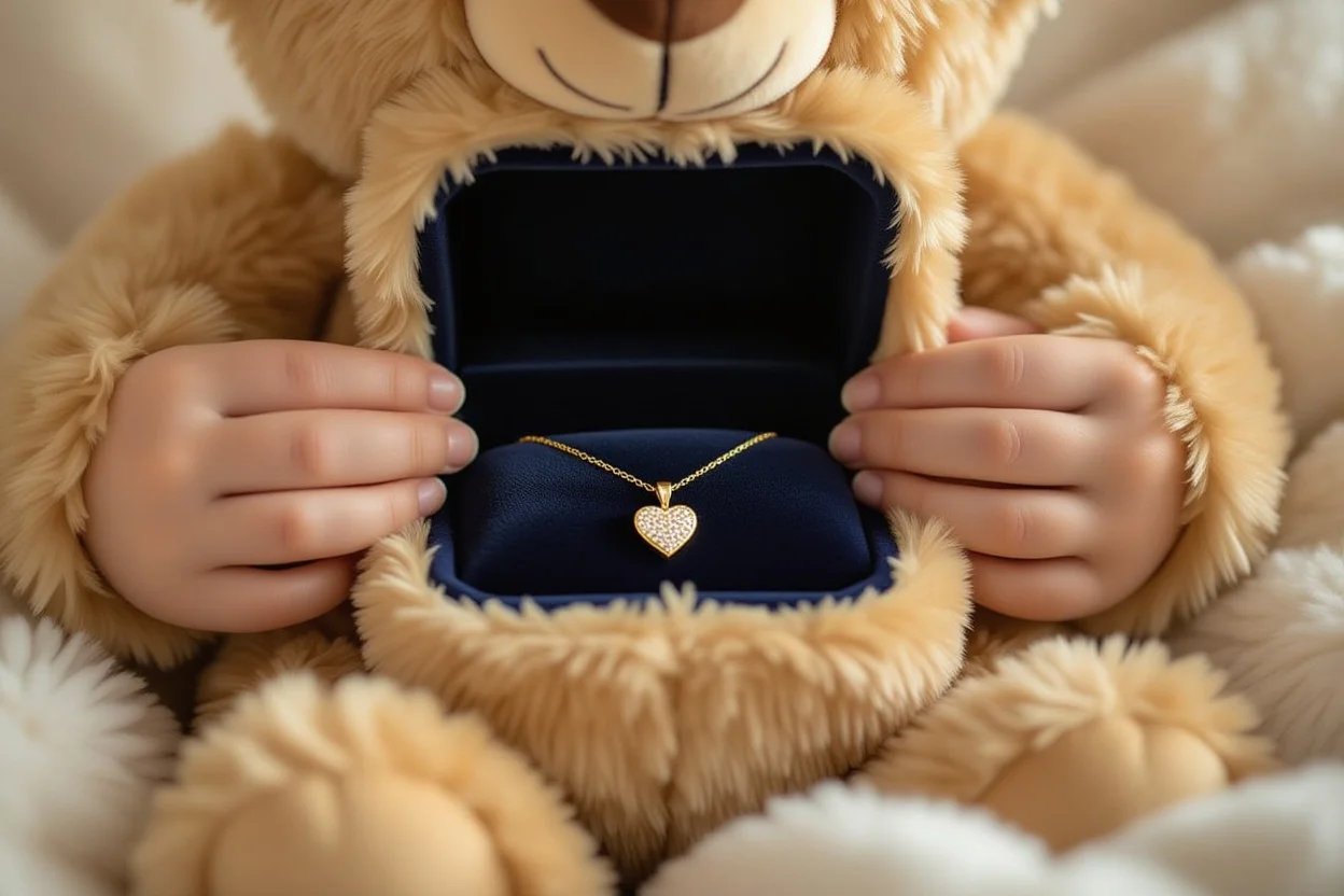 Hidden necklace compartment inside romantic teddy bear gift being opened
