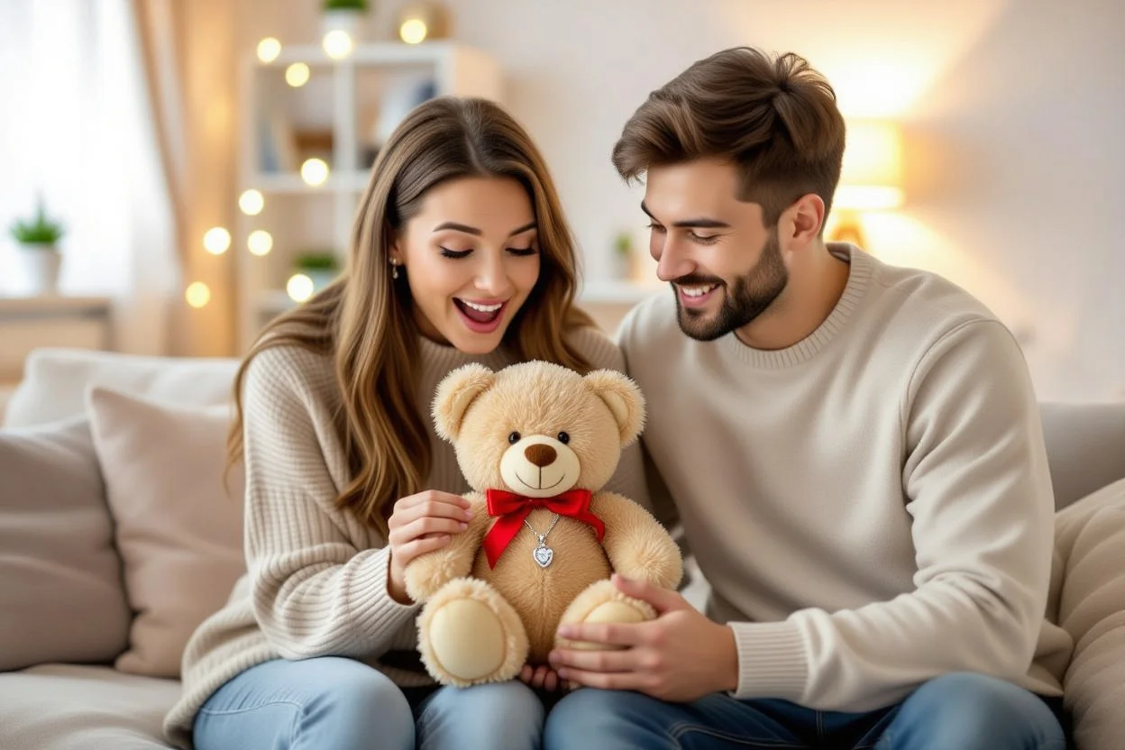 Couple sharing romantic moment with teddy bear surprise gift and hidden necklace