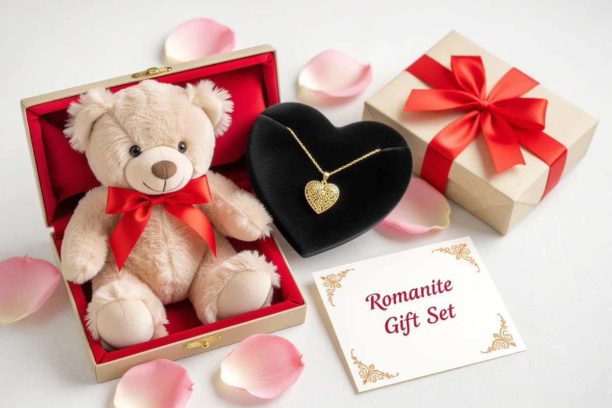 Complete romantic gift set with teddy bear, hidden necklace, and love note arrangement