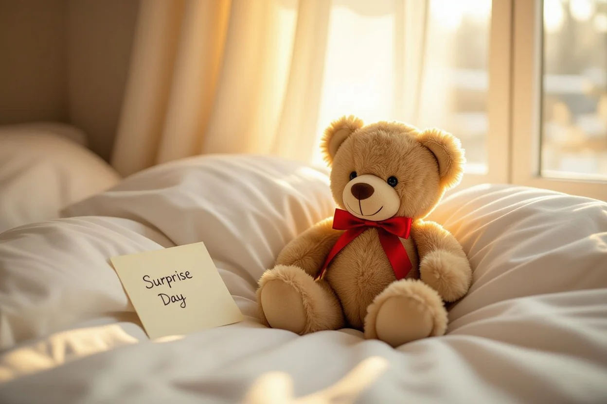 Romantic teddy bear gift on bed with handwritten note - thoughtful everyday romantic gesture