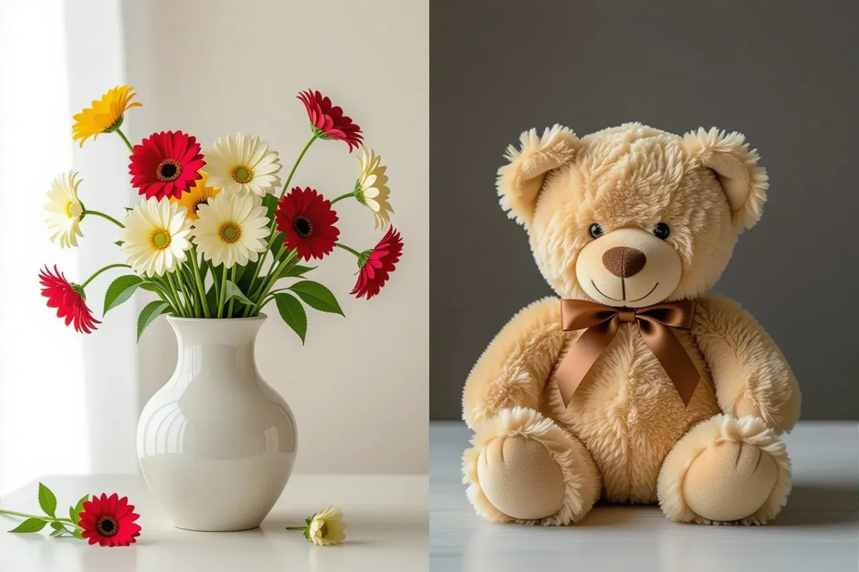 Comparison of wilted flowers versus lasting teddy bear romantic gift - choosing meaningful over traditional
