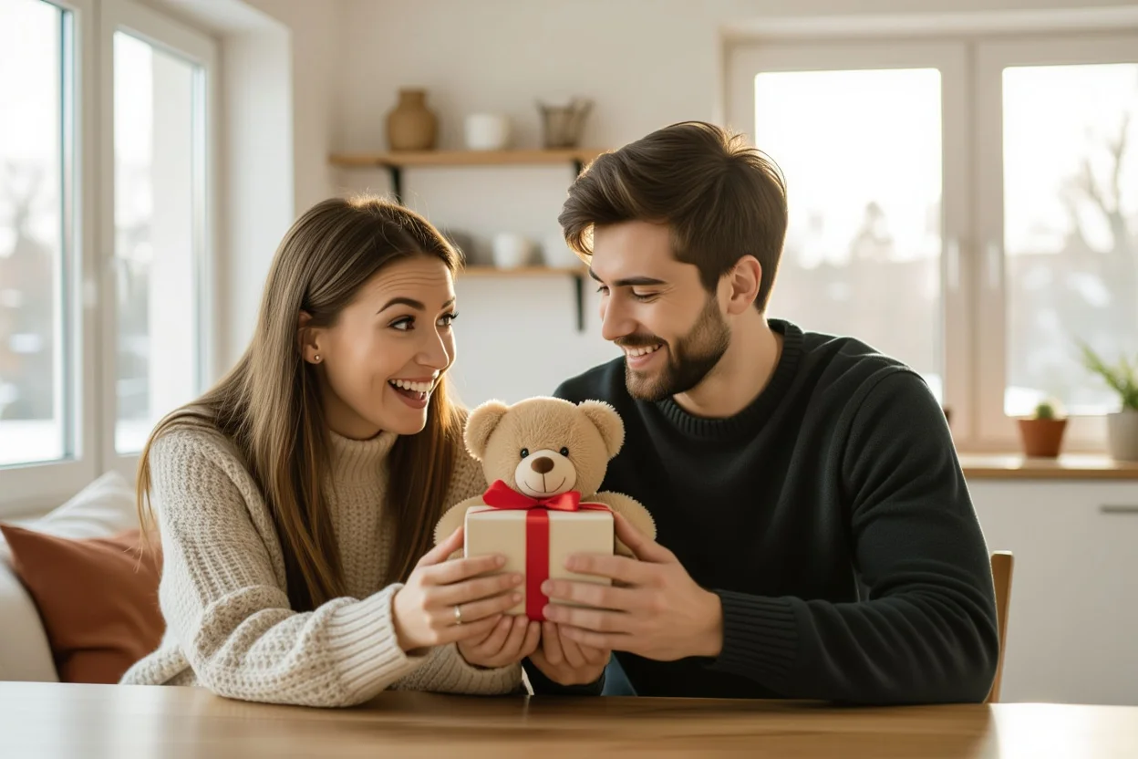 Couple sharing spontaneous romantic teddy bear gift moment on ordinary Tuesday - everyday love gestures