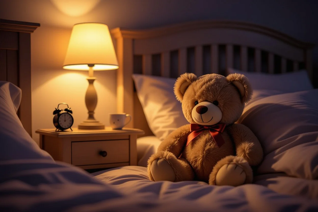 Cherished teddy bear on nightstand in romantic bedroom setting - lasting romantic gifts that matter