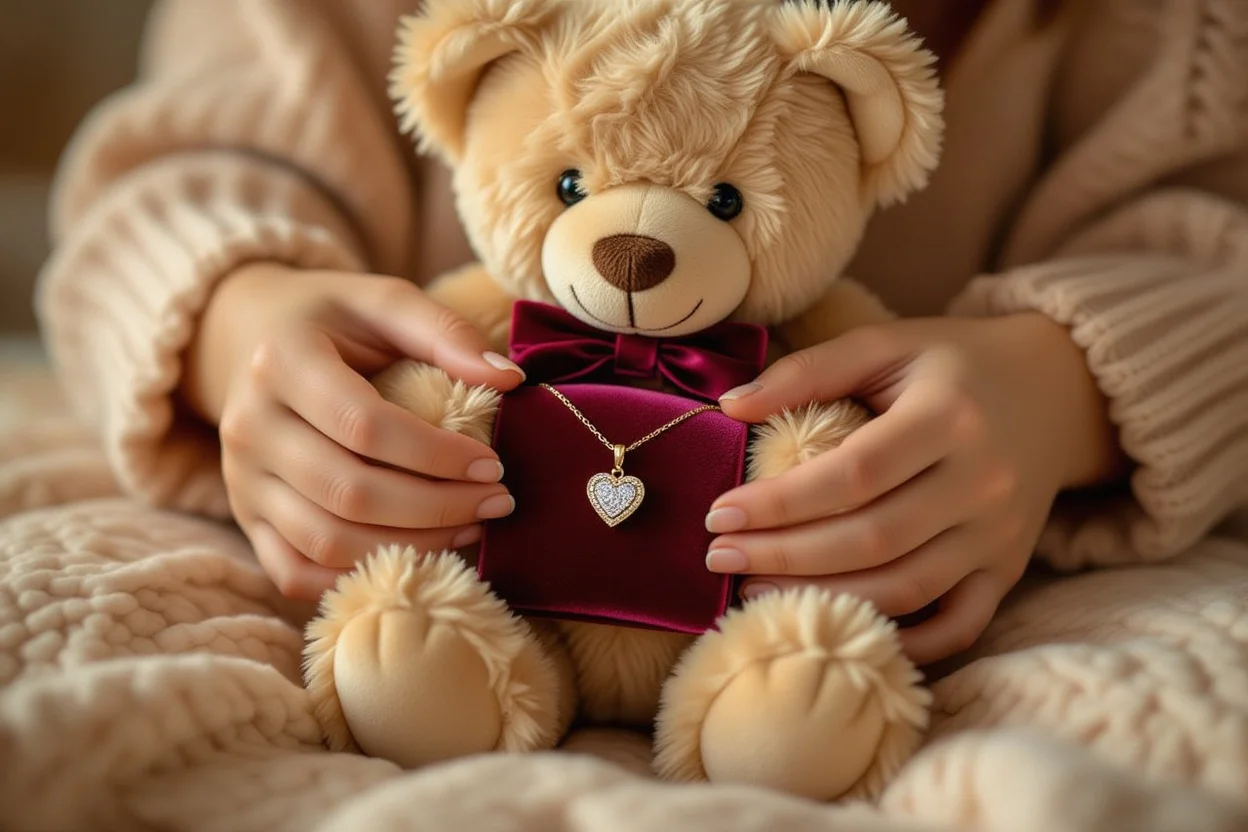 Hidden necklace reveal moment inside romantic teddy bear gift - surprise jewelry discovery