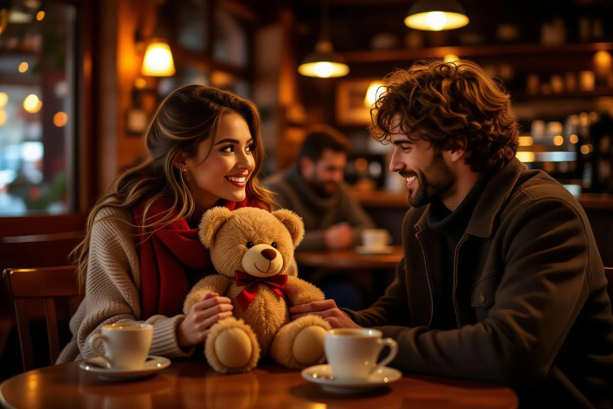 Couple sharing romantic teddy bear gift moment in intimate café setting - relationship surprise