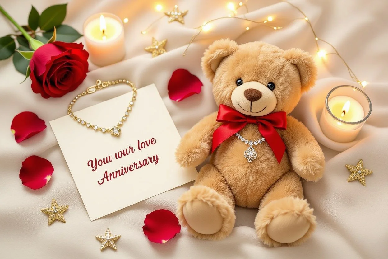 Romantic gift arrangement with teddy bear and necklace - luxury surprise gift set for anniversary