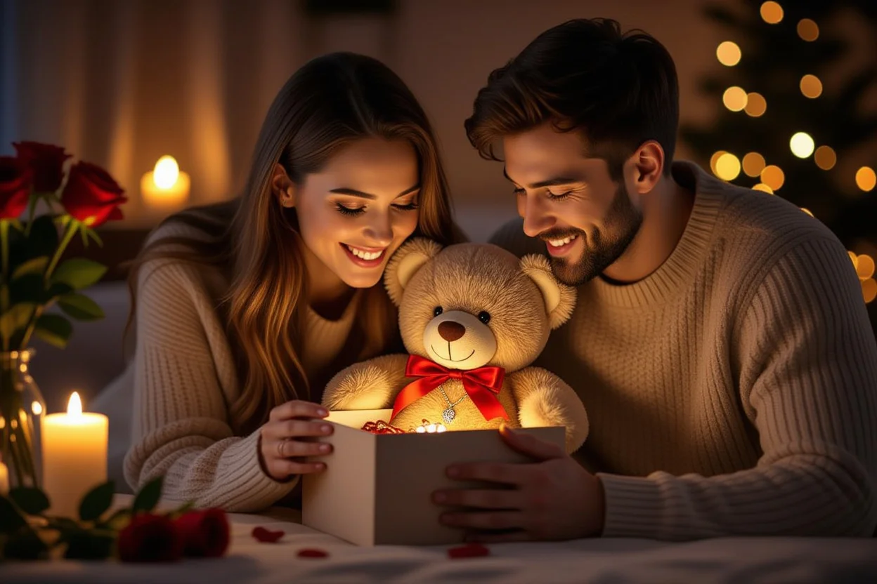 Couple sharing romantic gift moment with surprise teddy bear necklace gift