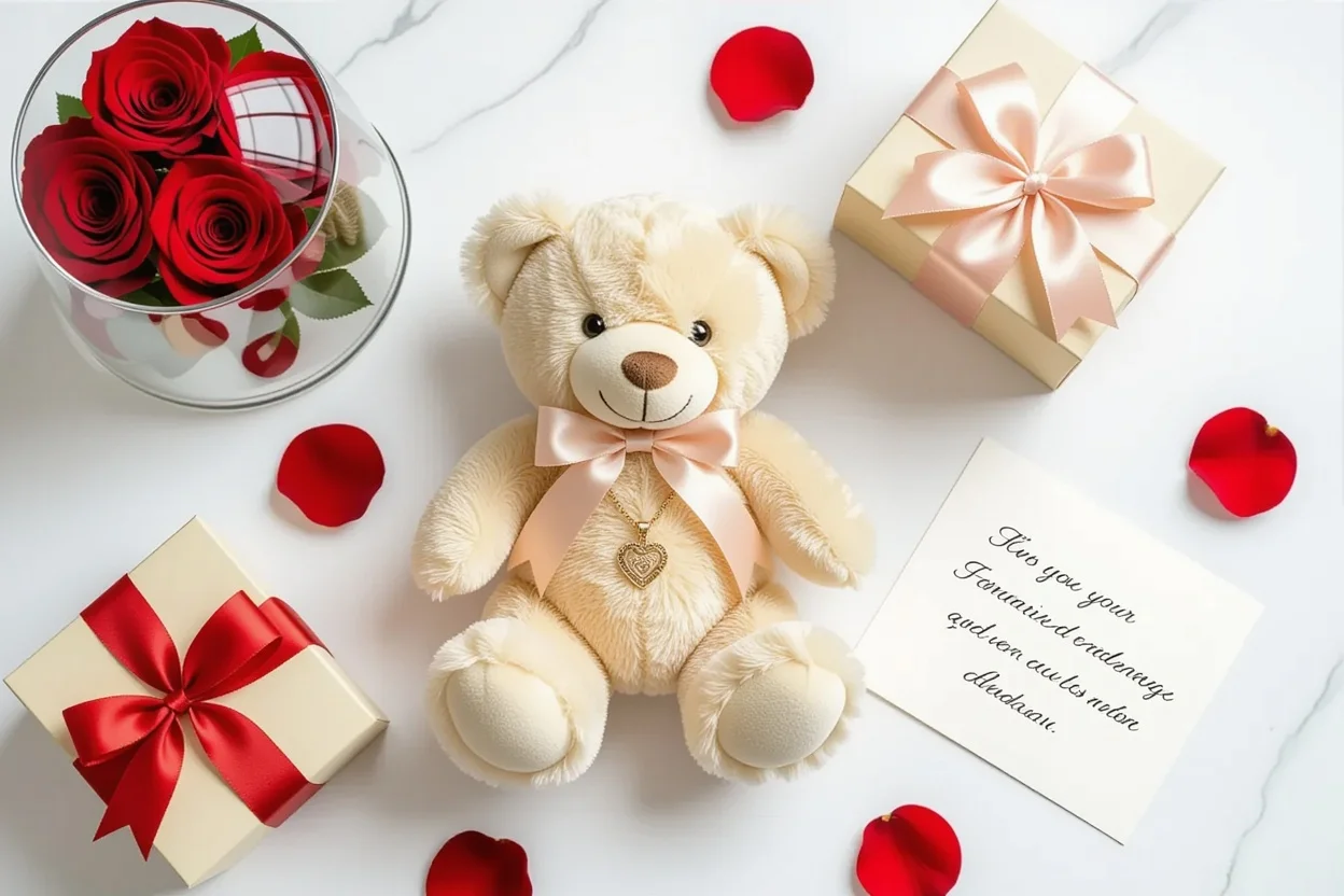Romantic gifts collection featuring teddy bear with hidden necklace and preserved roses
