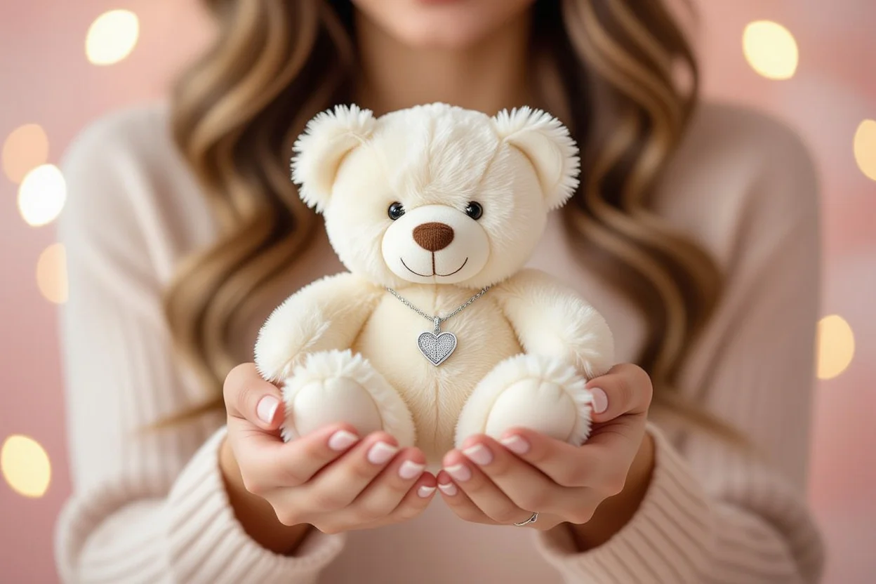 Woman discovering hidden necklace surprise inside romantic teddy bear gift