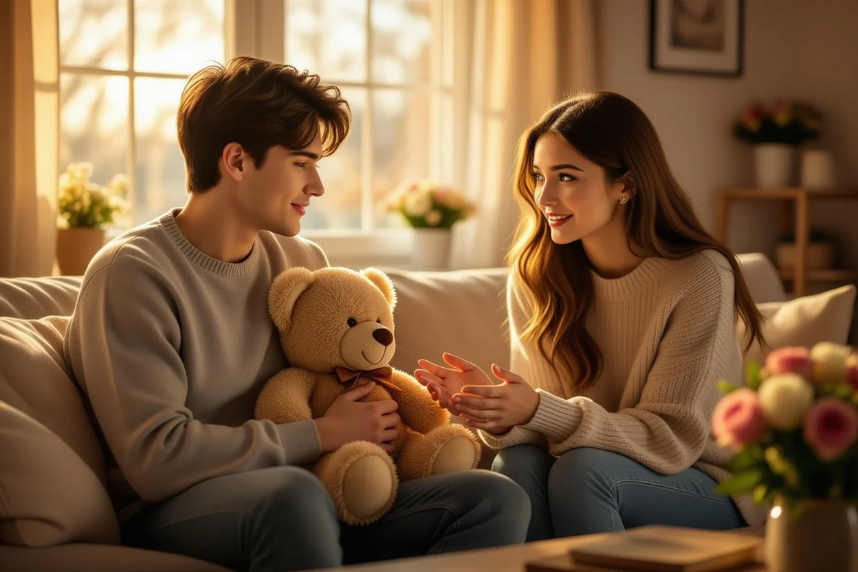 Couple reconciling with romantic teddy bear apology gift at home