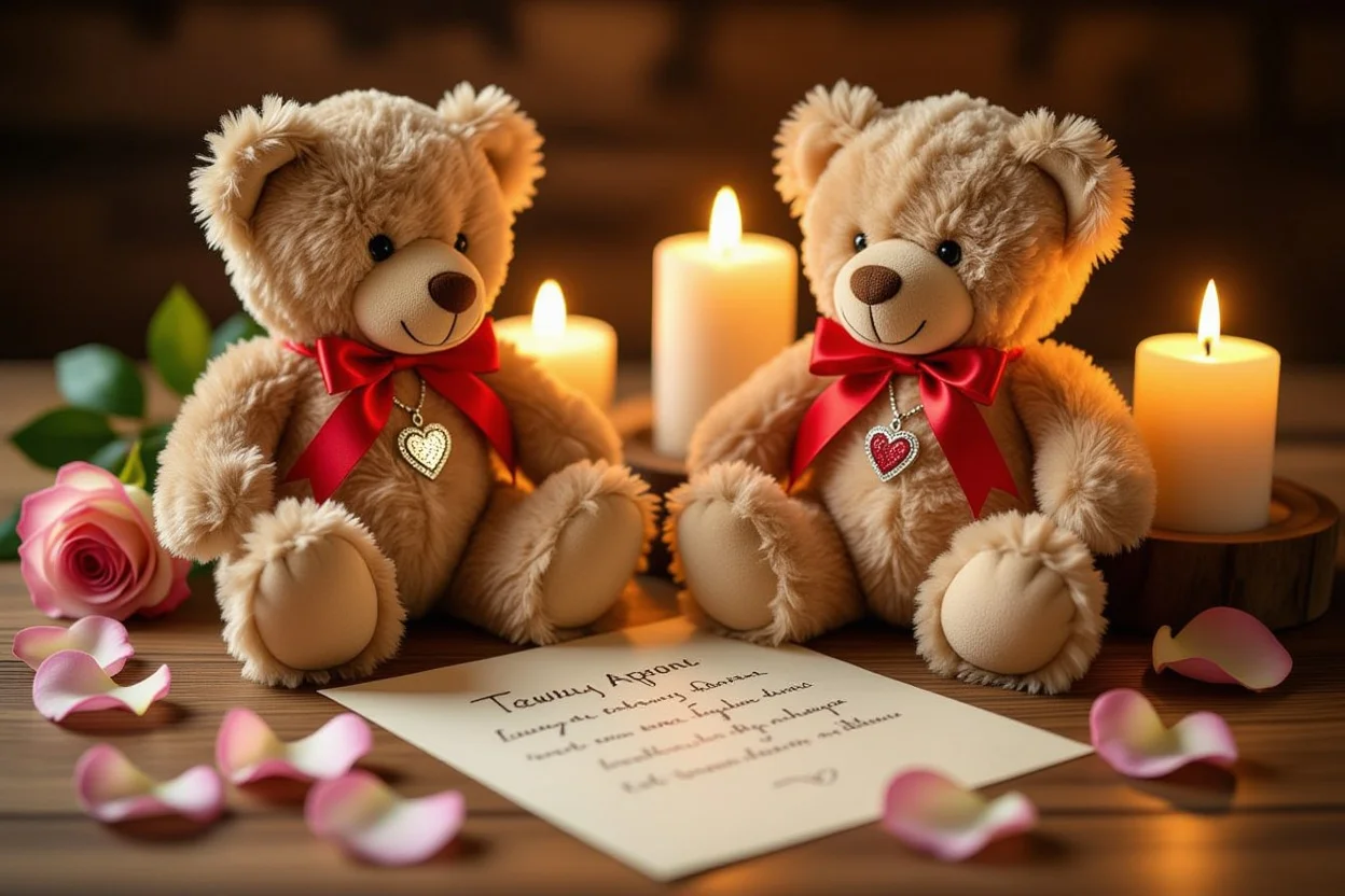 Romantic apology gift arrangement with teddy bear and necklace surprise
