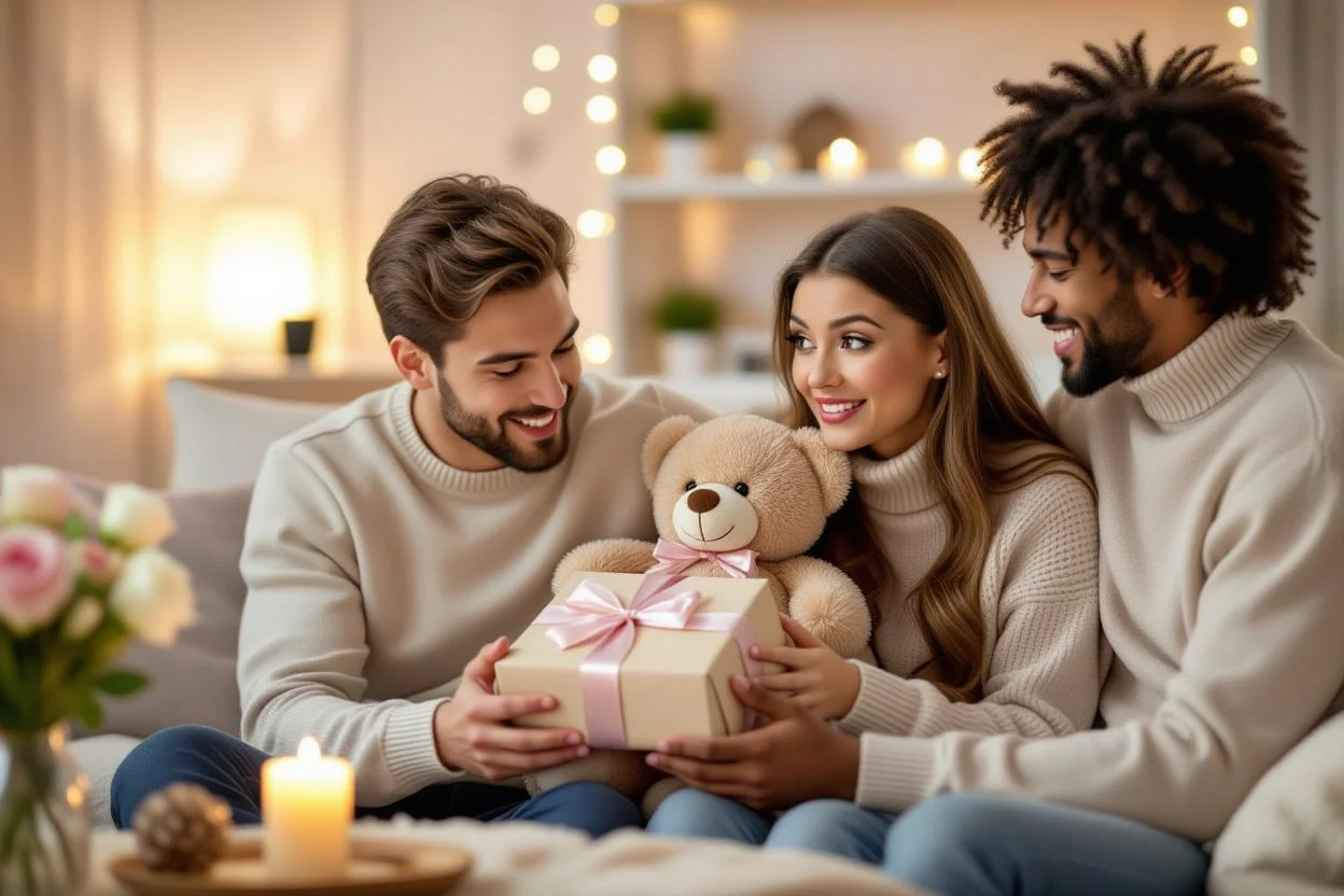 Romantic apology moment with boyfriend giving teddy bear surprise gift to girlfriend